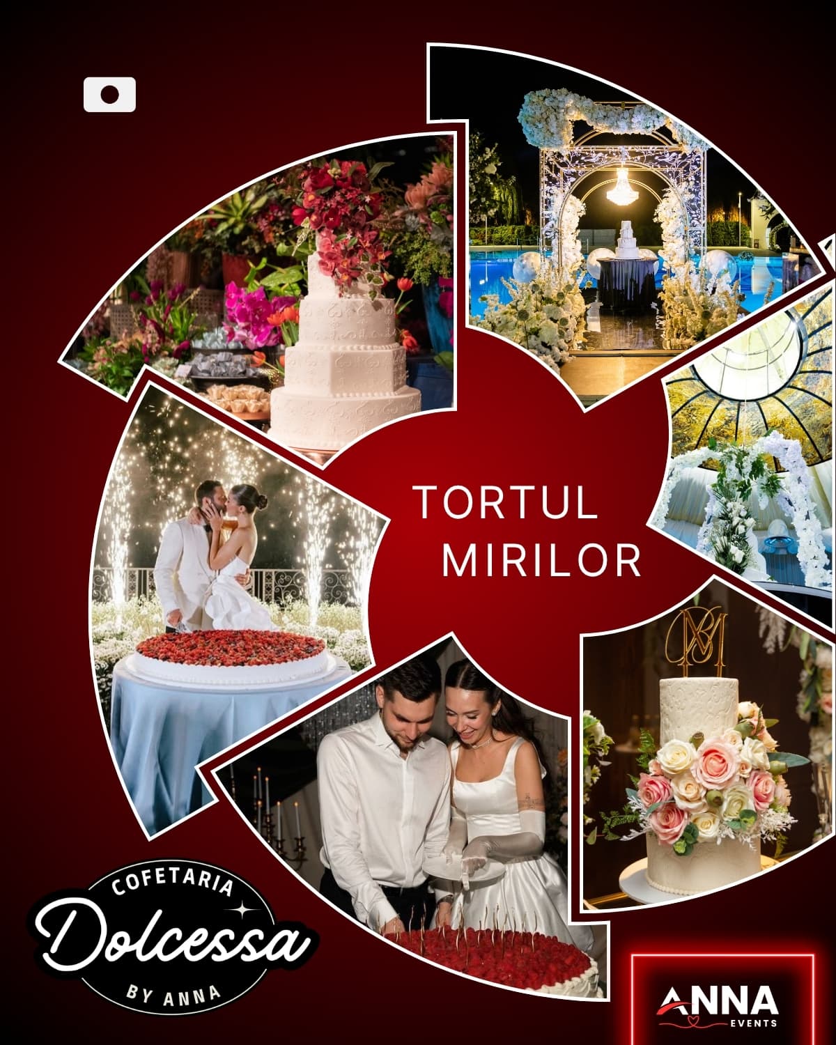 Tort de nuntă cu flori albe, lângă literele luminoase LOVE